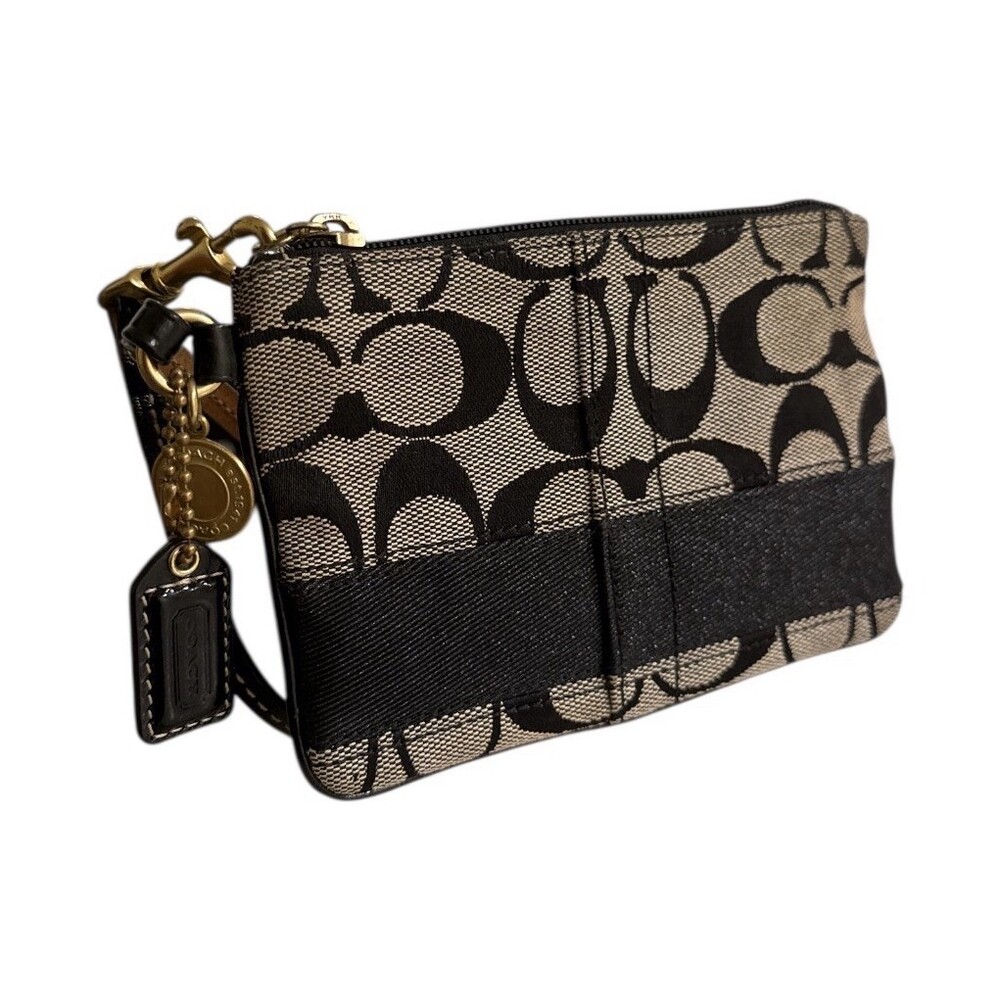 Coach Monogram Wristlet Bag Black Beige Designer Logo Zip Gold Hardware